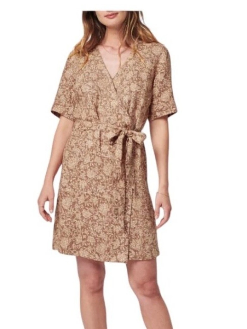 Faherty Ashley Linen Bronze Floral Wrap Mini Dress medium